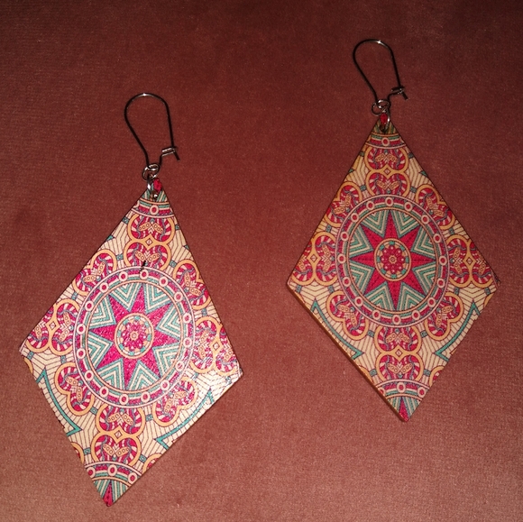 Big Mandala Diamond Shape Earrings Pink Blue Lightweight Wood Steel Wires KATTA - Picture 2 of 6